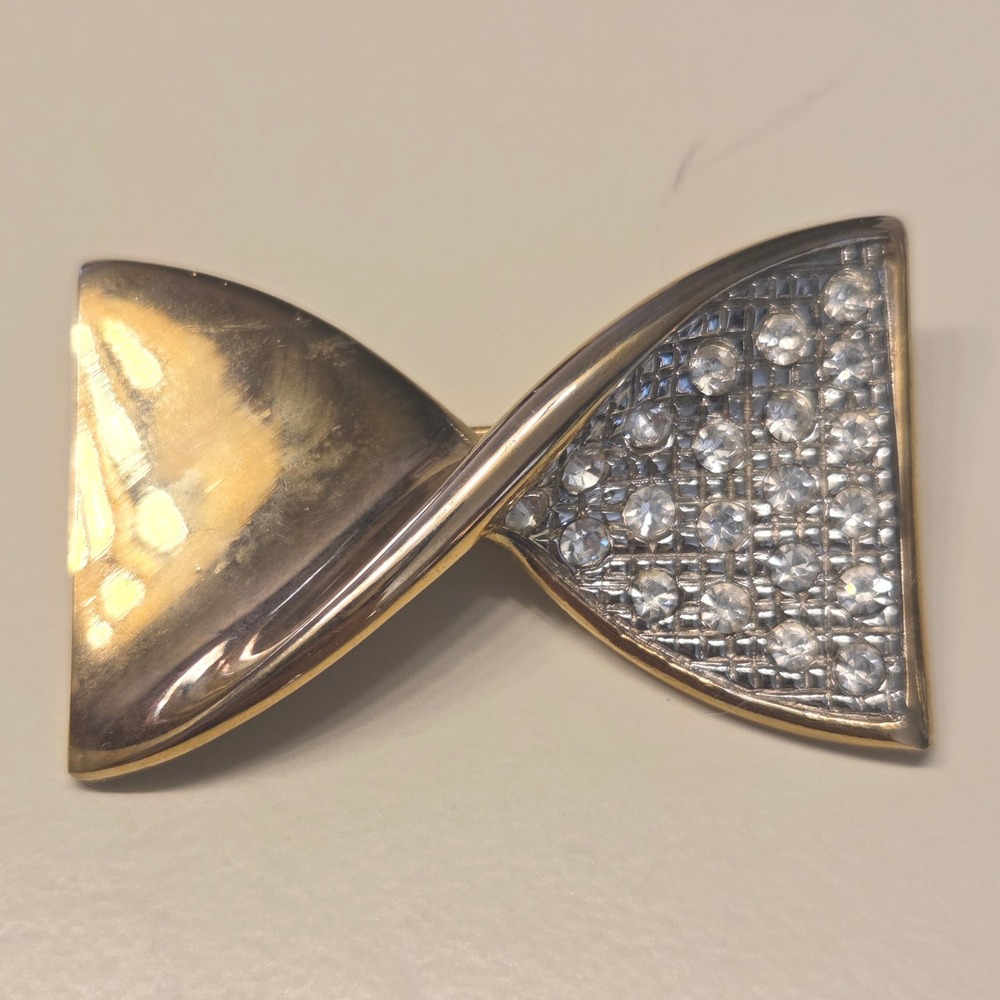 Vintage Sparkling Bow Brooch Pin Rhinestone Crystal Gold Tone Glam Bow Tie Women